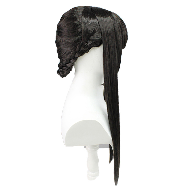 A cosplay wig for anime fans, showcasing long, straight black and brown hair with a cap for easy and comfortable wear