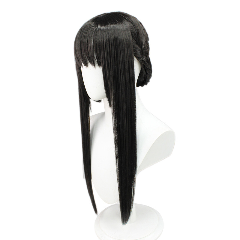 A long, straight cosplay wig designed for anime enthusiasts, featuring a black and brown color combination and a comfortable cap