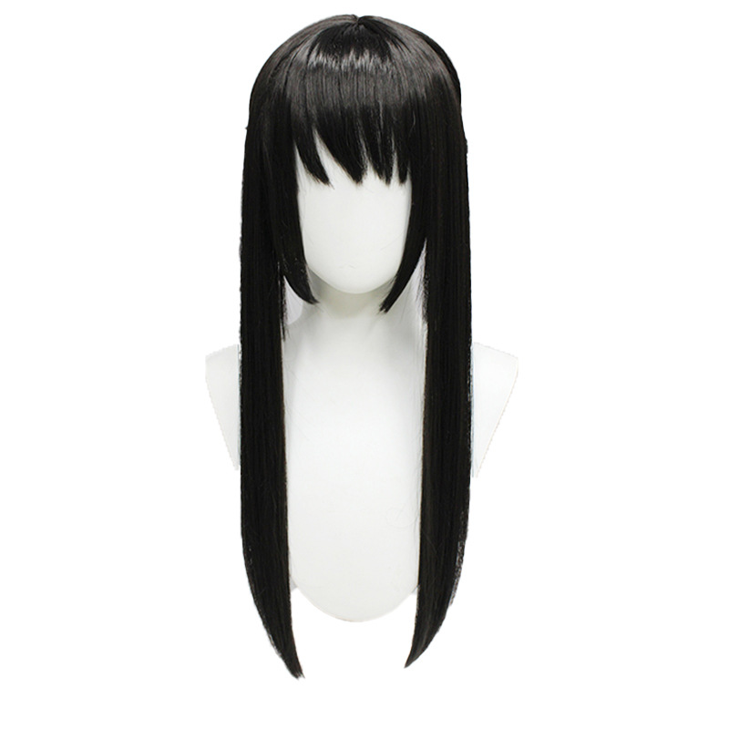 An anime cosplay wig featuring long, straight black and brown hair with a cap, perfect for costume play and character portraya