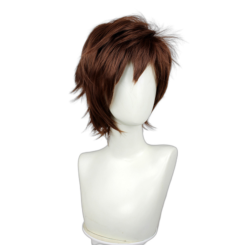 Create a chic anime appearance with this brown wig, tailored for a fashionable look and highlighted by a stylish accompanying cap