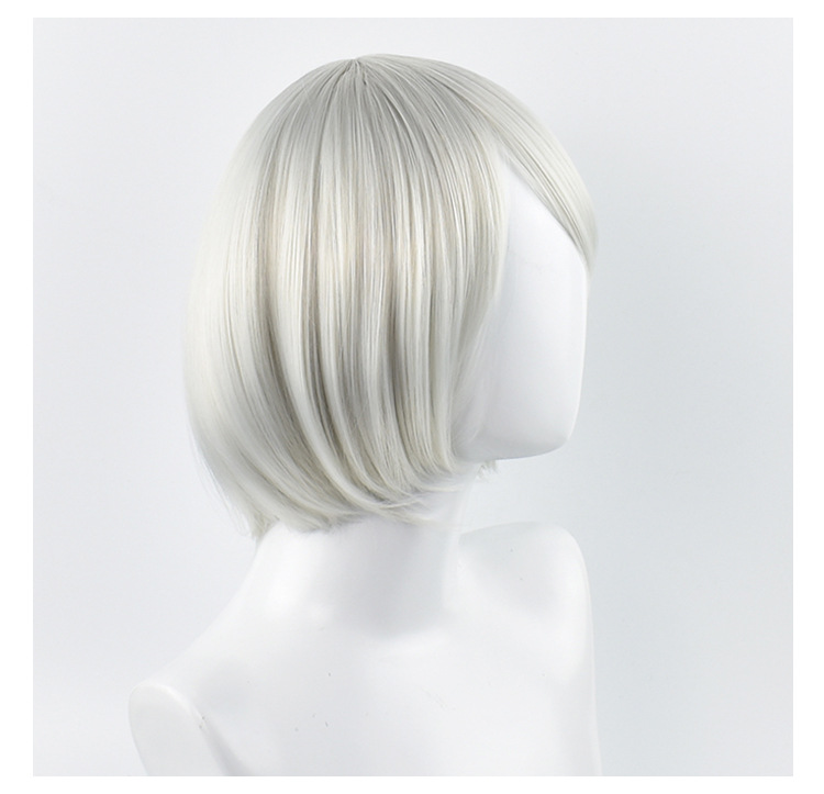 An image showing a short silver hair wig designed for cosplay, available for purchase