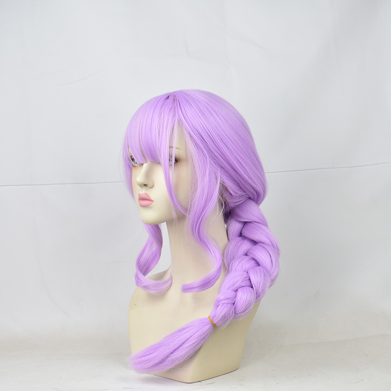 Long, purple hair wig designed for female anime cosplay, ideal for character portrayal