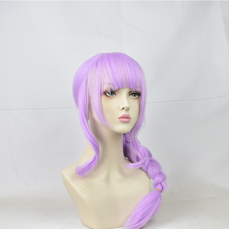 Long, vibrant purple cosplay wig with hair styled in an anime fashion, great for cosplay