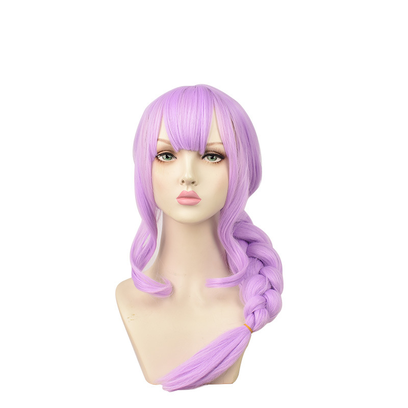 Long, purple cosplay wig styled for anime characters, perfect for costume play