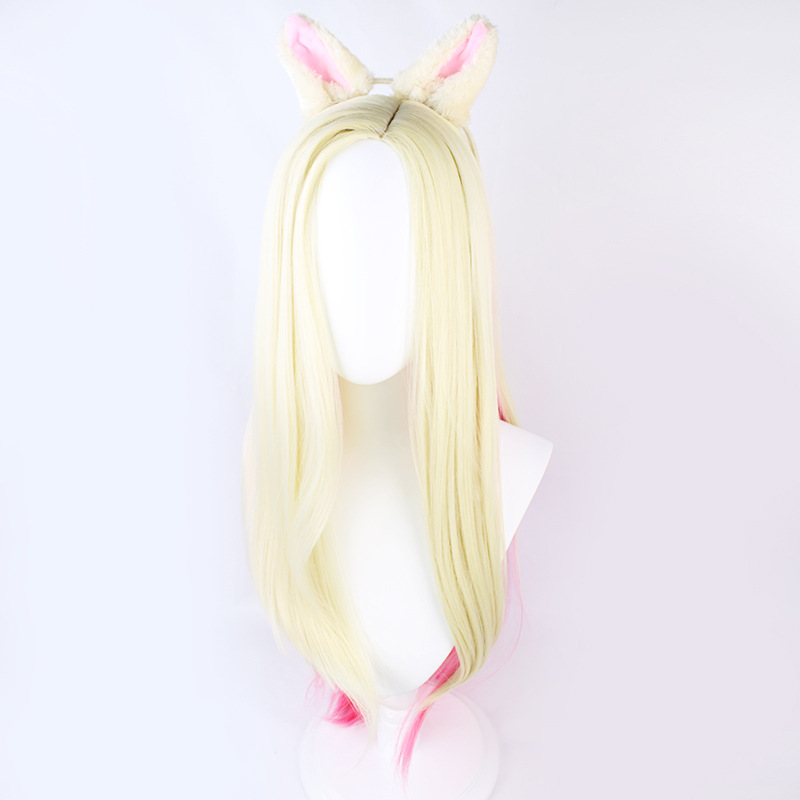 A vibrant cosplay wig with long, blonde and pink hair, perfect for female anime enthusiasts and character portrayals