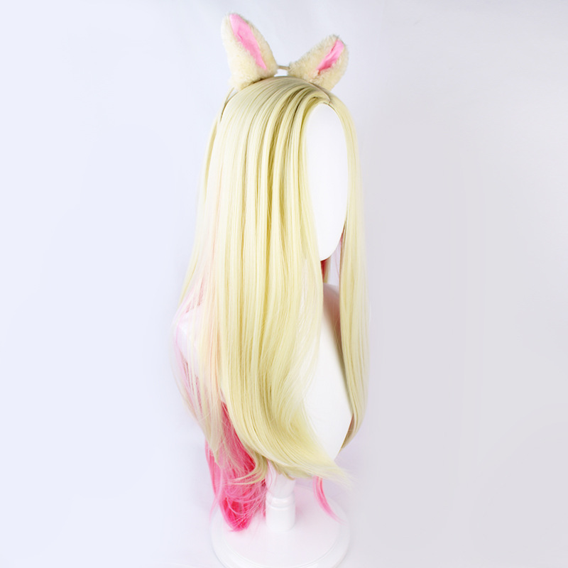 A cosplay wig with long, blonde and pink hair and a cap, suitable for female anime fans looking to cosplay their favorite characters