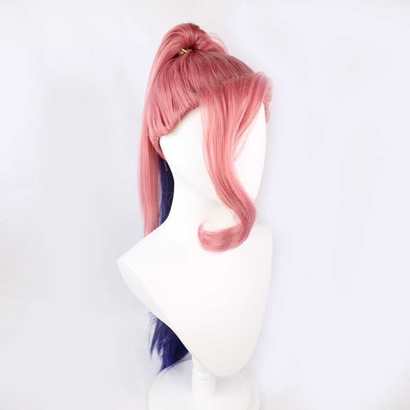 Elevate your anime cosplay game with this stylish pink and dark blue long wig. The included cap ensures a secure fit, making it a must-have accessory for your next cosplay adventure