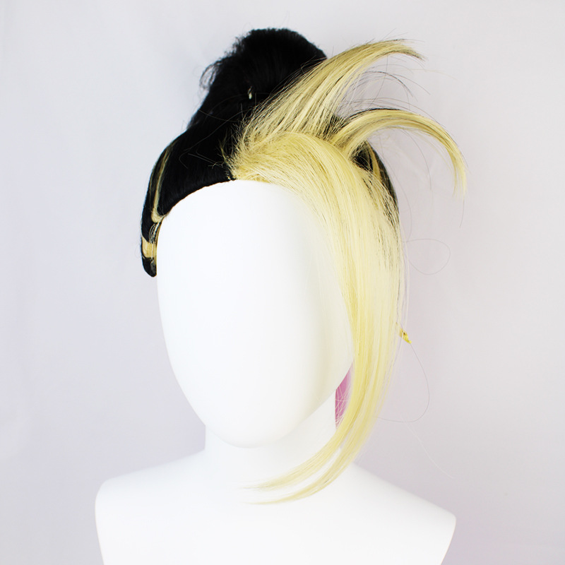 A men's cosplay wig with a short blonde and pink hair design and a cap, ideal for male anime fans looking to cosplay as characters