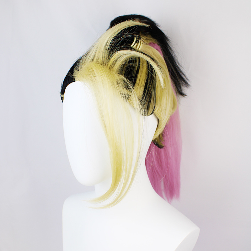 A cosplay wig designed for men, showcasing a short blonde and pink hair design with a cap, perfect for anime-themed events