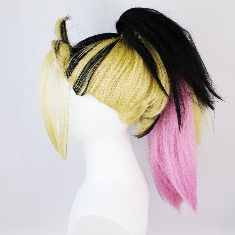A men's cosplay wig featuring a short blonde and pink hair design and a cap, suitable for male anime enthusiasts