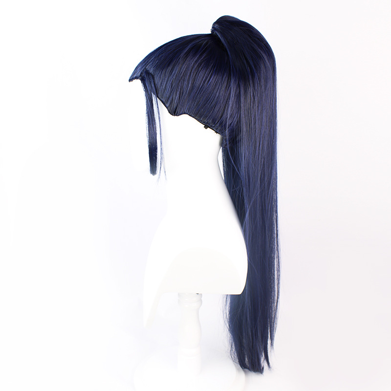 Achieve a trendy anime look with this fashionable dark blue long wig designed for women, complete with a cap