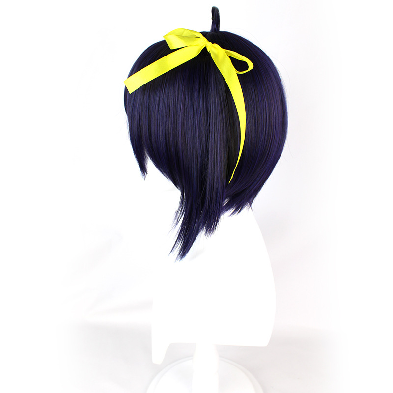 Short black and purple wig with cap, ideal for anime character cosplay