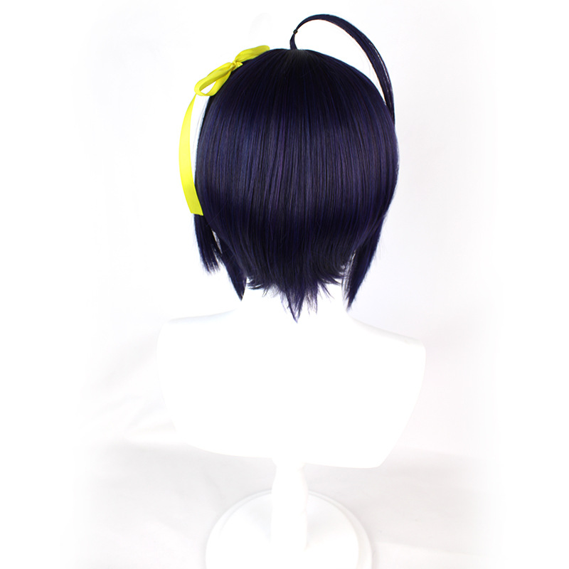Cosplay wig in short black and purple style, includes cap