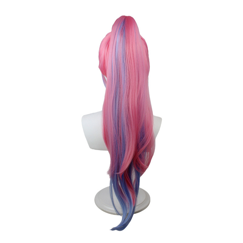 Channel cool vibes with this pink wig adorned with stylish blue highlights, tailored for men's cosplay. A fashionable and attention-grabbing accessory to enhance the overall appeal of your anime character