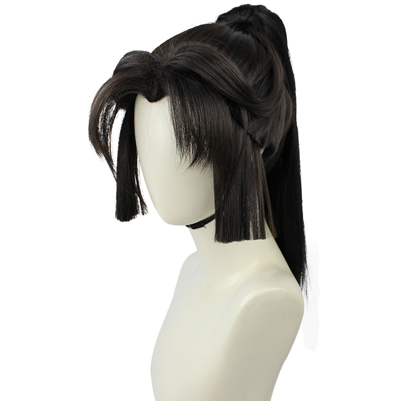 An anime cosplay wig in dark brown short style, designed for men and complete with a cap for a comfortable fit