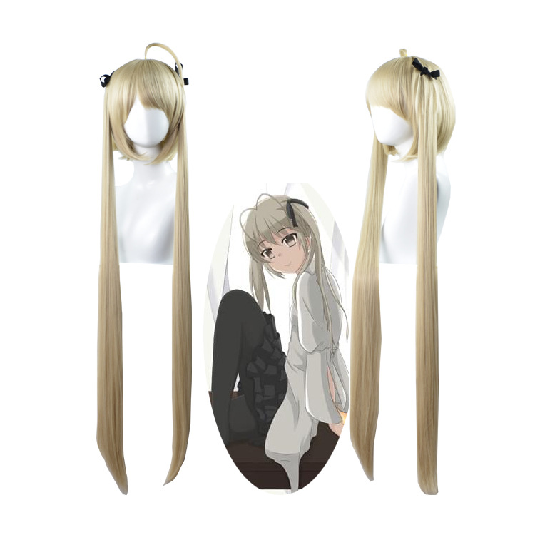 Long straight hair cosplay wig in blonde with bangs, includes wig cap, perfect for anime-inspired looks