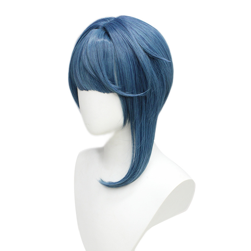 Short black and blue cosplay wig for men, ideal for anime costumes, includes cap