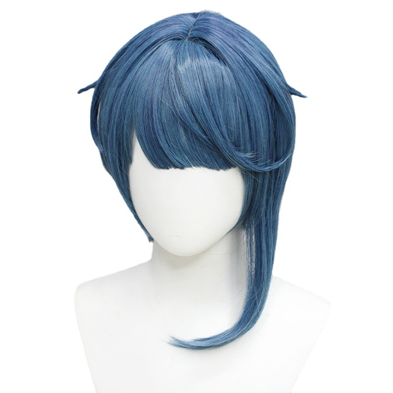 Short black and blue cosplay wig for men, includes cap, perfect for anime costumes