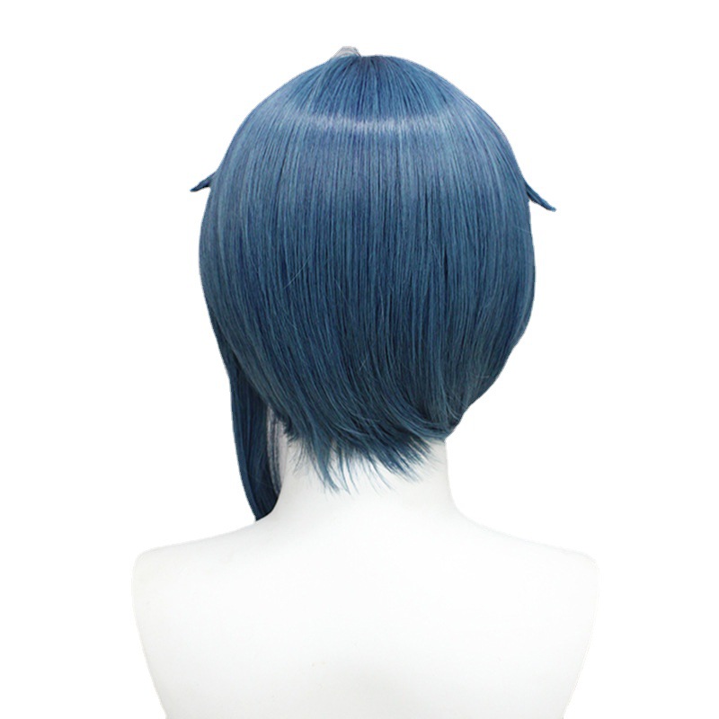 Short black and blue cosplay wig for men, includes cap, perfect for anime looks