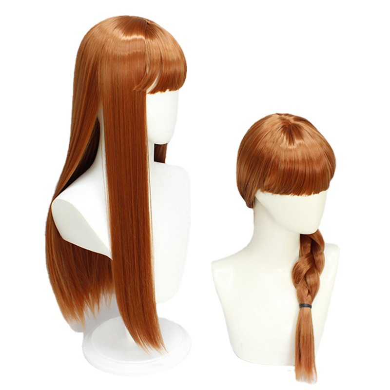Indulge in the delight of long locks with this trendy brown wig, curated for anime enthusiasts and complemented by a fashionable cap