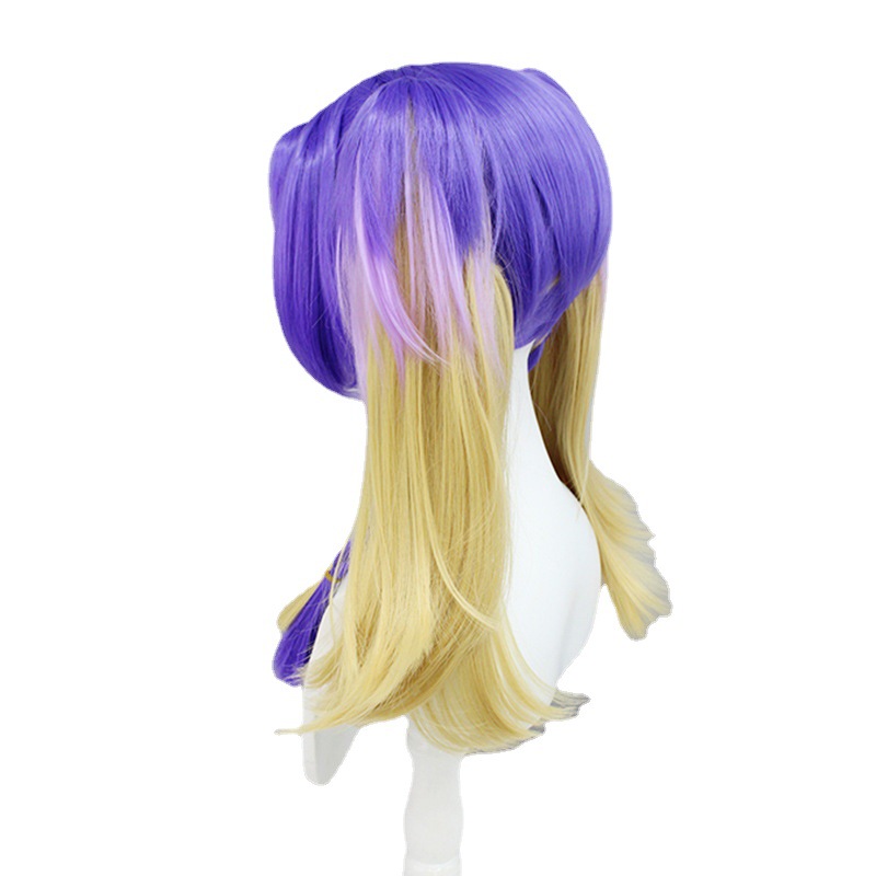 An anime-style cosplay wig featuring short, blonde and purple hair and a cap, ideal for anime enthusiasts dressing up for events