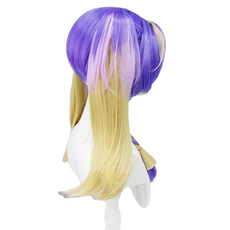 Transform into your favorite anime character with this short, blonde and purple wig designed for cosplay, complete with a cap