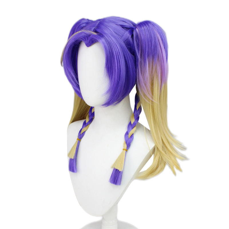 An anime cosplay wig showcasing short, blonde and purple hair with a cap for easy and comfortable wear