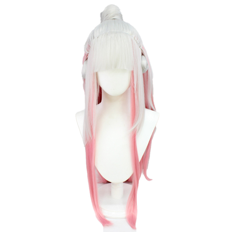 A blonde and pink cosplay wig with long hair and a cap, suitable for anime fans looking to cosplay their favorite characters
