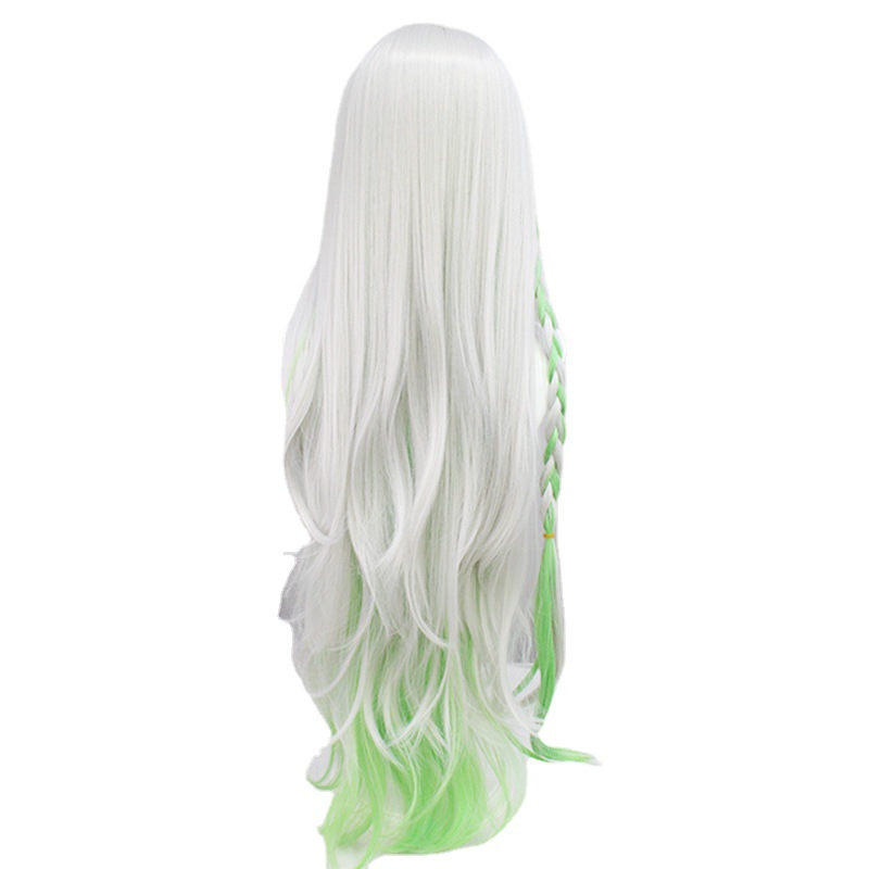 An anime-style cosplay wig featuring long, blonde and green hair and a cap, perfect for anime fans