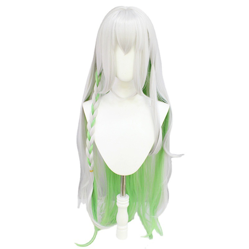 A vivid anime cosplay wig featuring long, blonde and green hair with a cap, perfect for anime-inspired costumes