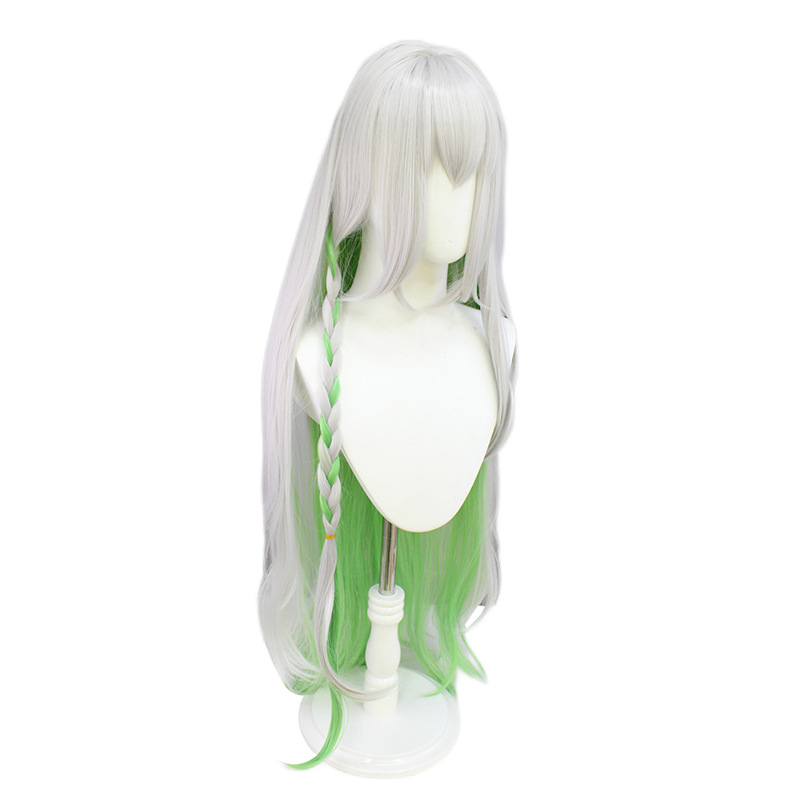 A long wig in blonde and green colors, designed for anime cosplay, complete with a cap for comfortable wear
