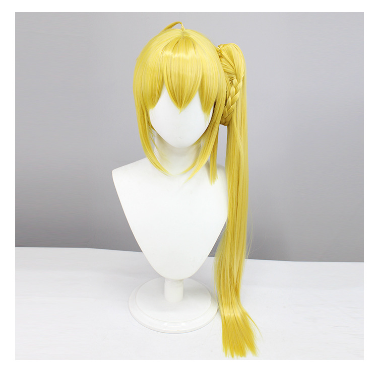 Long yellow cosplay wig, perfect for anime-inspired looks, includes wig cap