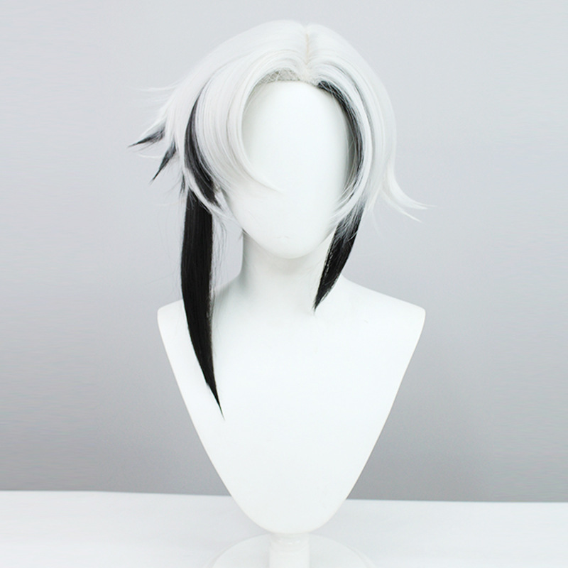 A black and white cosplay wig with long hair and a cap, suitable for anime fans looking to cosplay their favorite characters