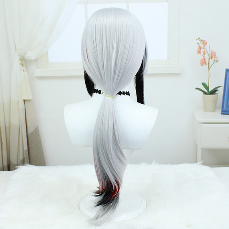 An anime cosplay wig showcasing long, black and white hair with a cap for easy and comfortable wear