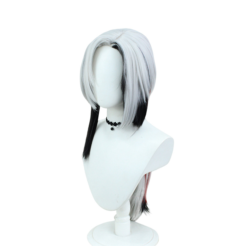 An anime-style cosplay wig featuring long, black and white hair and a cap, ideal for anime enthusiasts dressing up for events
