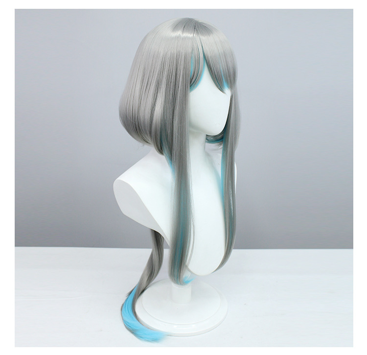 Channel epic anime vibes with this gray-blue long wig, available now. Elevate your character portrayal with the striking combination of gray and blue hues