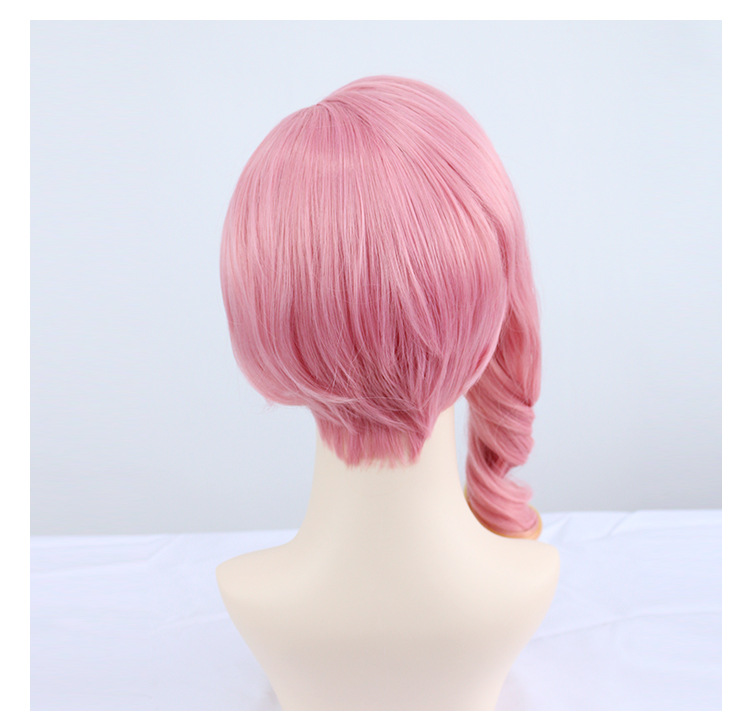 Achieve tranquil sweetness with this pink curly anime wig, complete with a comfortable cap. Ideal for cosplayers aiming to embody characters with a perfect blend of sweet and serene allure
