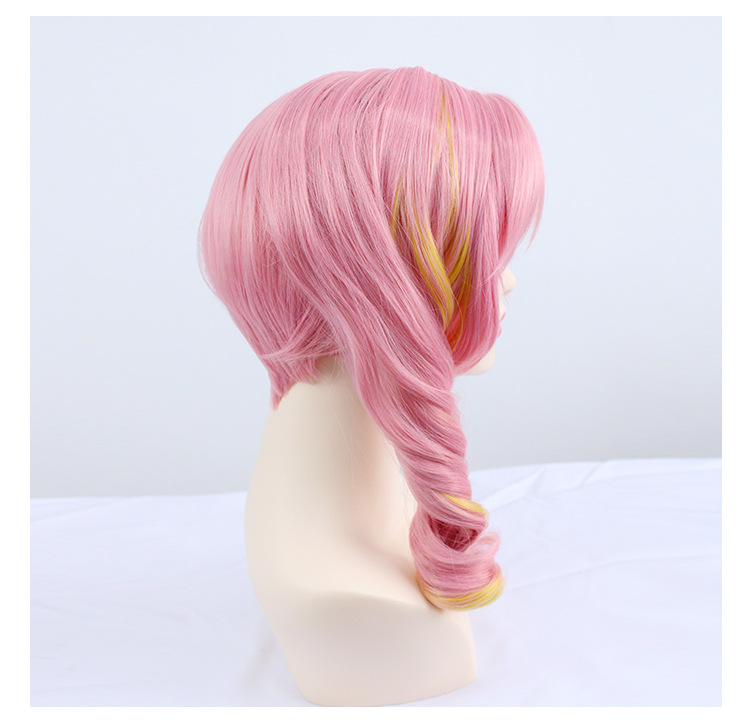 Embark on a journey of playful spirals with this pink short curly wig, featuring an anime cap for a secure fit. An excellent choice for cosplayers seeking a lively and whimsical transformation for their characters