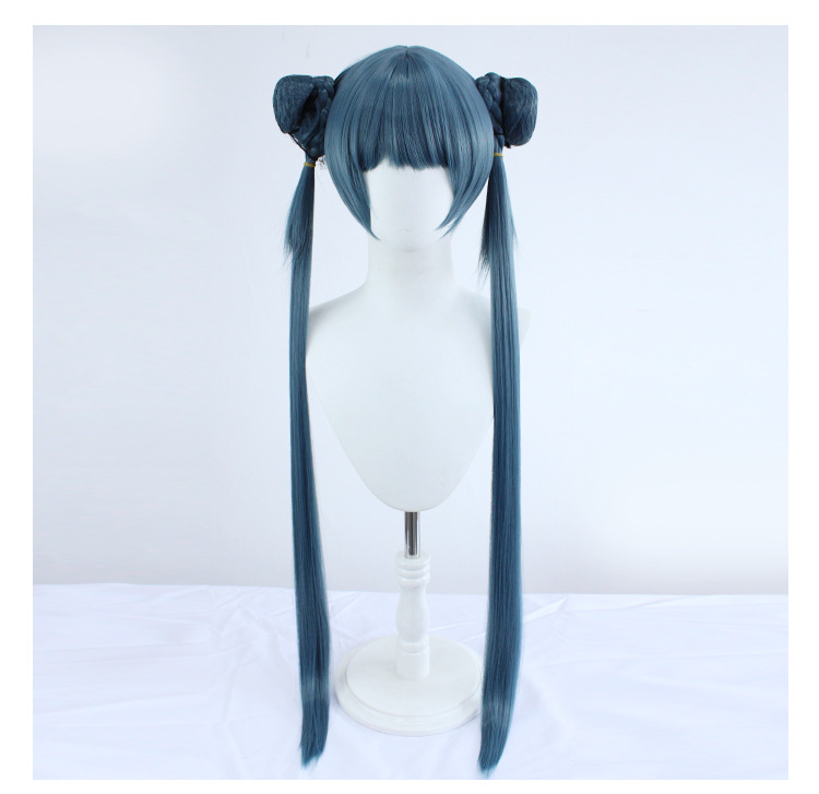 Vibrant black and blue long cosplay wig with cap, perfect for anime enthusiast