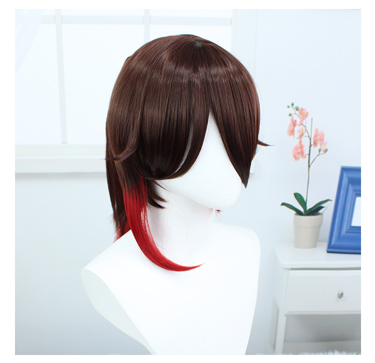 A dark brown short wig designed for anime cosplay, complete with a cap for a seamless costume
