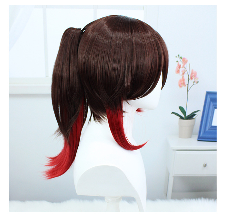 An anime cosplay wig with a cap, featuring a dark brown short wig for a character-inspired costume