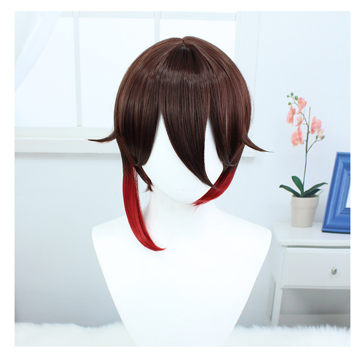 An anime cosplay wig with cap, featuring a dark brown short wig, perfect for character transformation