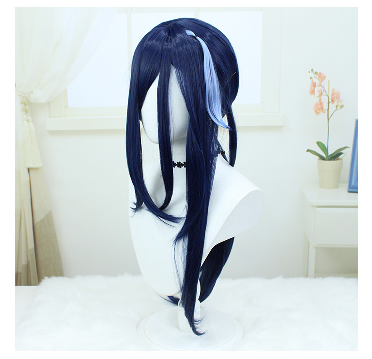 Stylish long dark blue wig designed for cosplay, featuring a trendy cap for added flair."  Title: "Anime Wigs - Dark Blue Long Wig