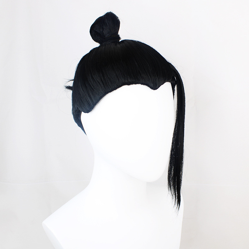 A cosplay wig designed for men, showcasing a short black hair design with a cap, perfect for anime-themed events