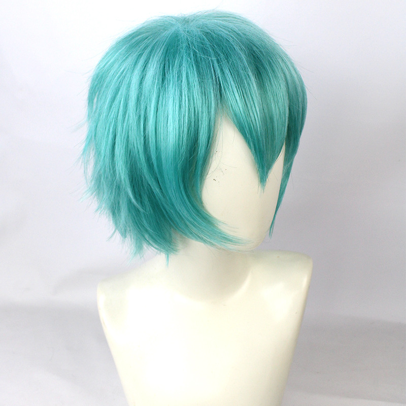 Anime-inspired aqua blue short wig with cap for men's cosplay