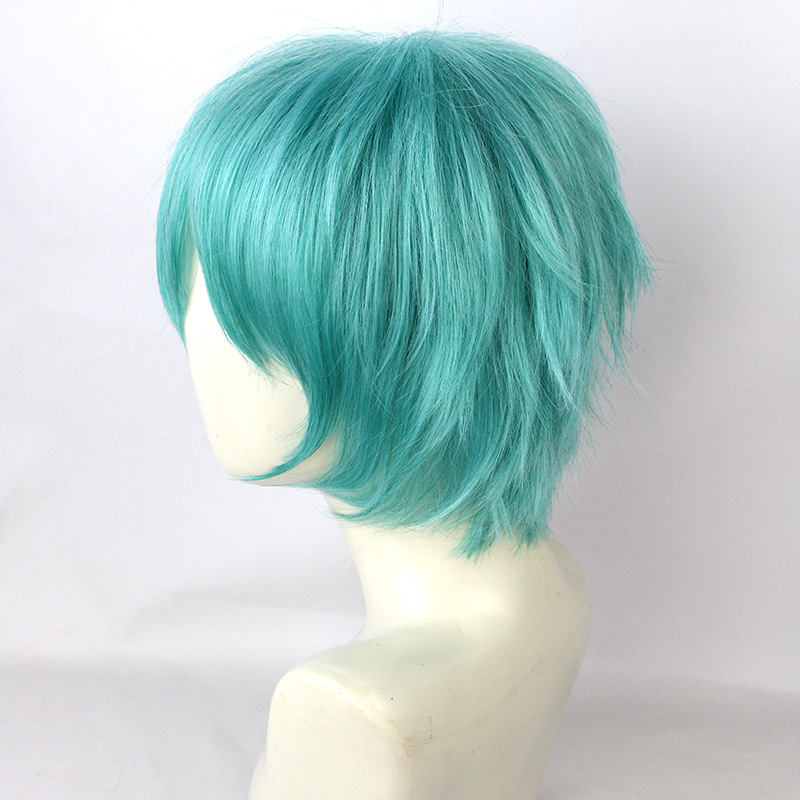 Fluffy short aqua blue wig with cap, perfect for anime cosplay