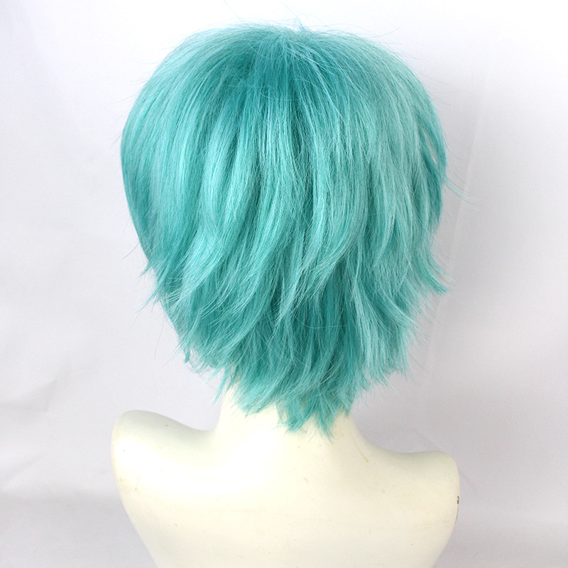 Short, fluffy aqua blue wig with cap, ideal for men's anime costumes