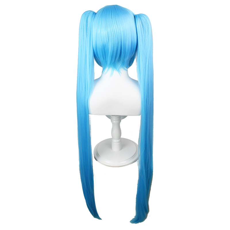 Anime cosplay wig, 110 cm long, styled with straight hair, bangs, and includes a cap