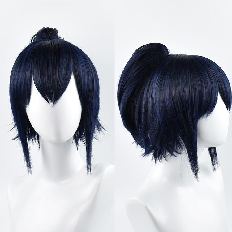 A fashionable black and blue anime wig with cap, suitable for cosplay