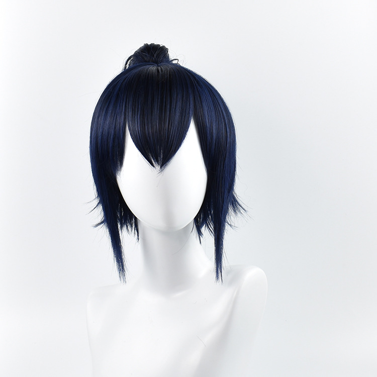 A stylish black and blue short wig with cap, perfect for anime cosplay